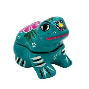 Talavera Frog Toad Trinket Box Hand painted Brightly Blue Pink Florals Mexico
